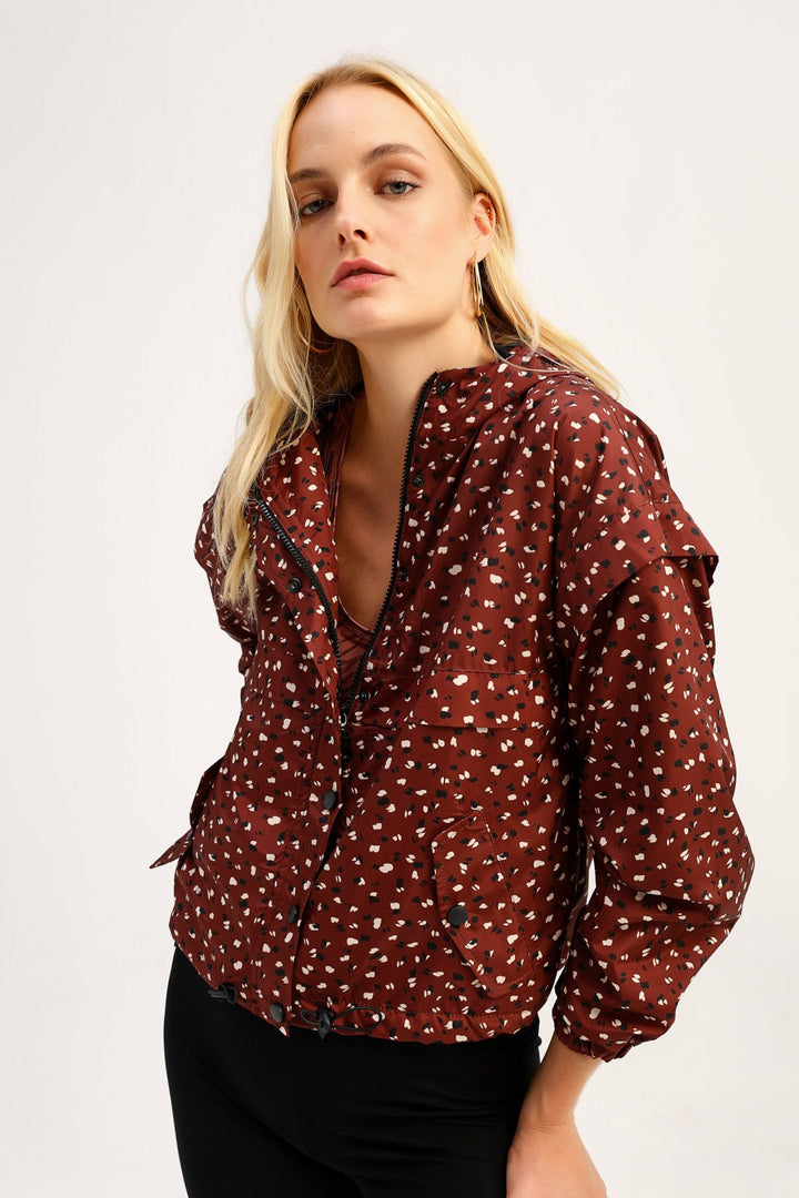 Patterned Hooded Raincoat Dark Brown