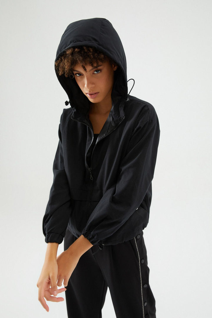 Hooded Gathered Waist Raincoat Black