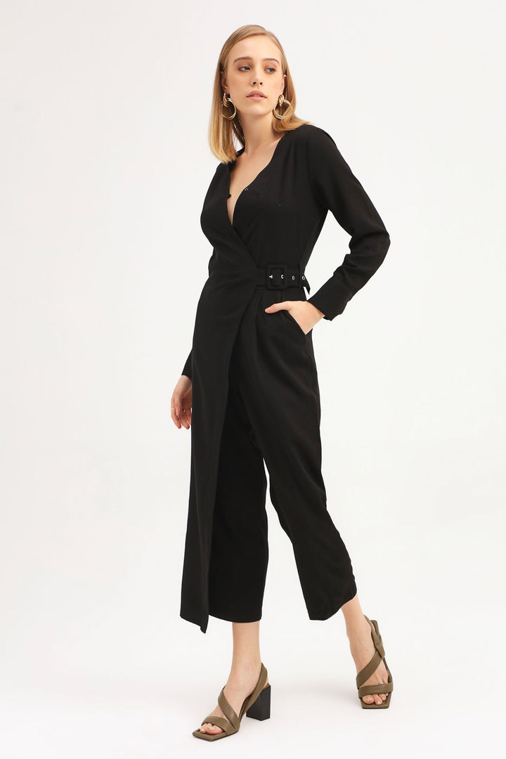 Kemer Detaylı Kruvaze Tulum Siyah