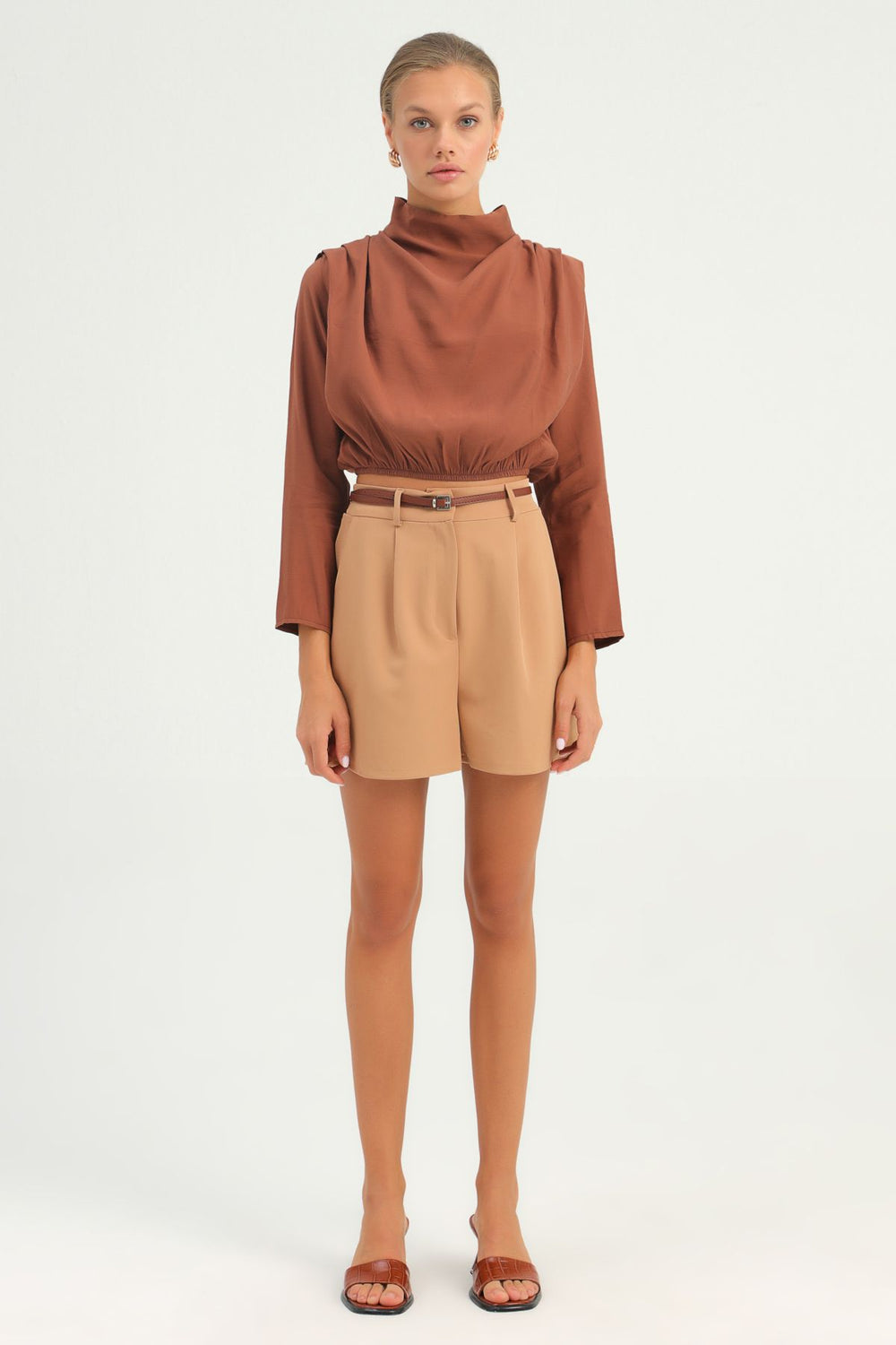 Belted High Waist Shorts Camel