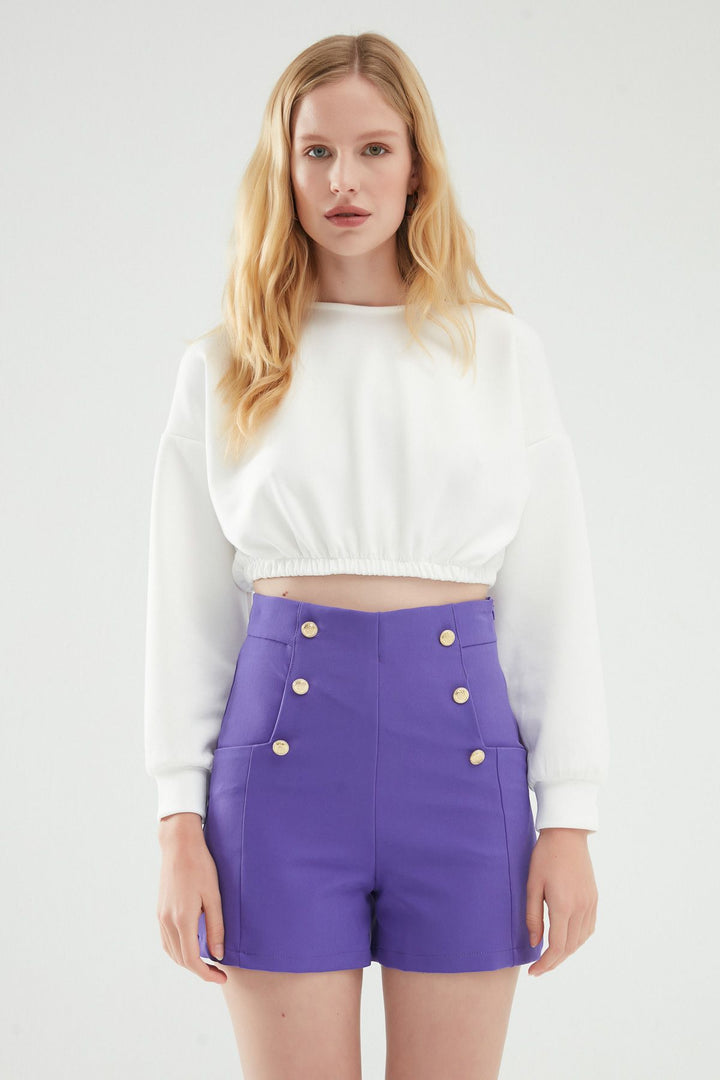 Button Detailed High Waist Shorts Purple