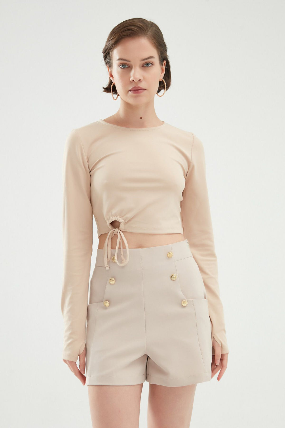 Düğme Detaylı Yüksek Bel Şort Taş