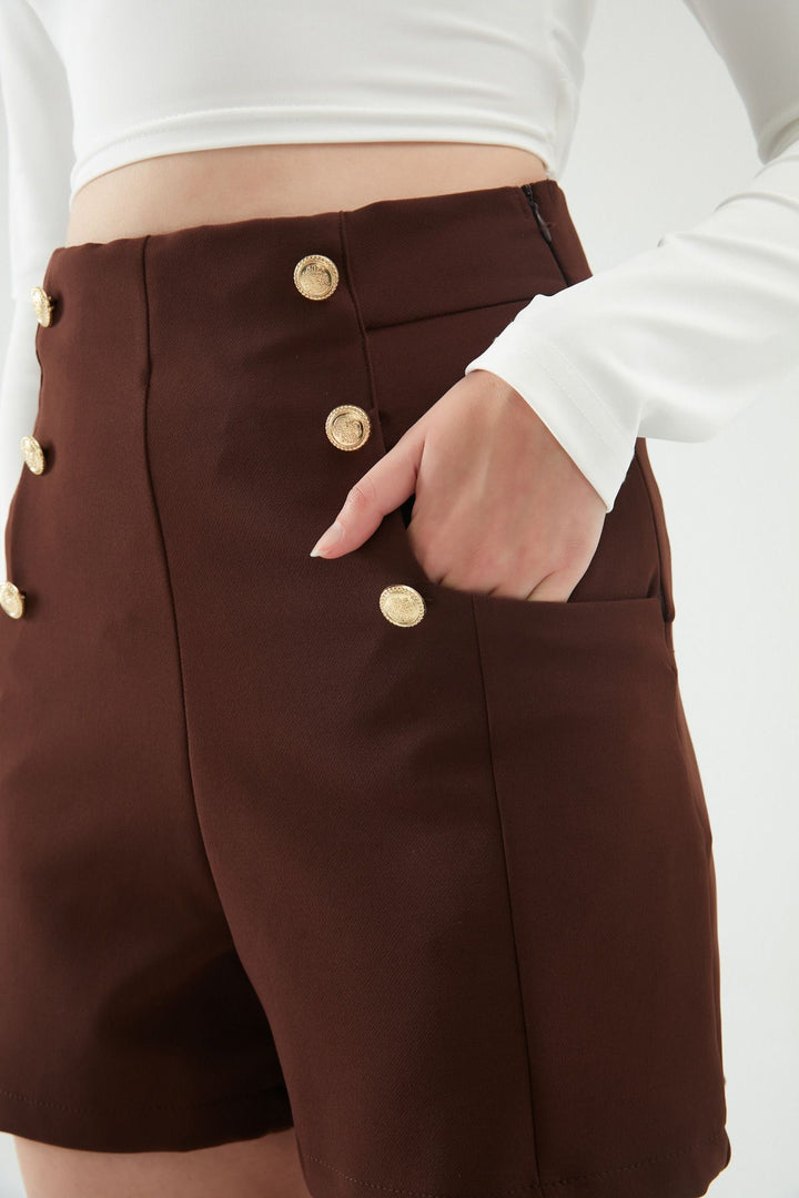 Button Detailed High Waist Shorts Dark Brown