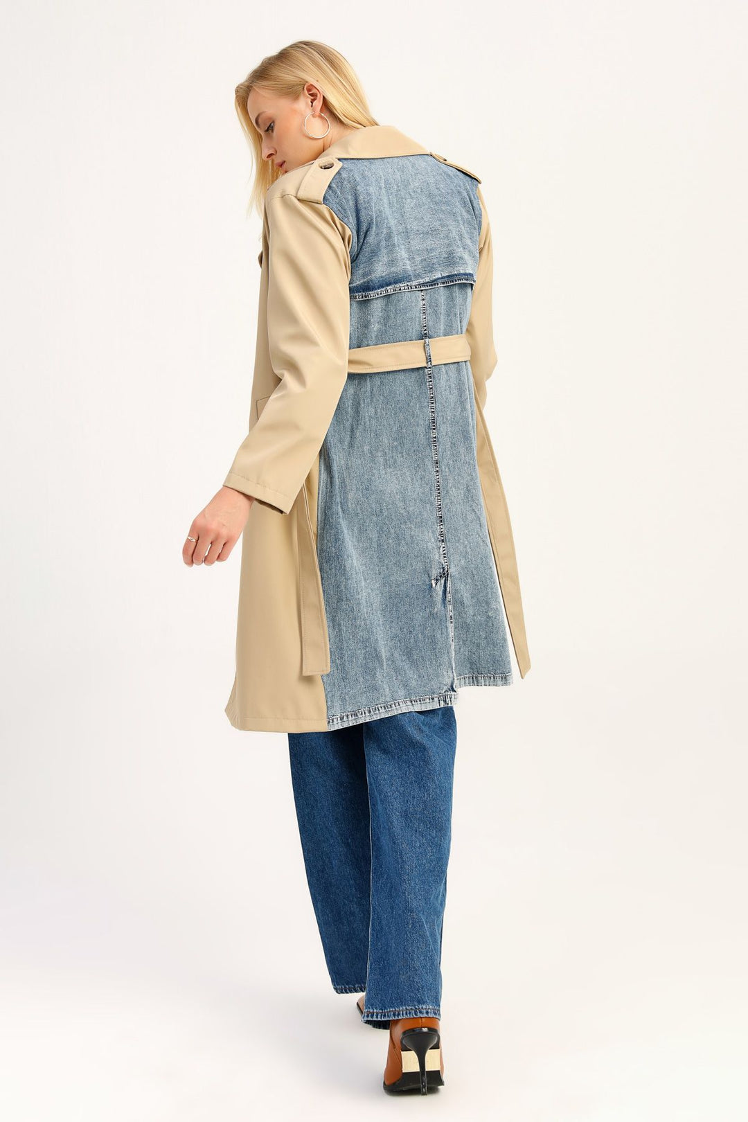 Jeans Detailed Belt Trench Coat Beige