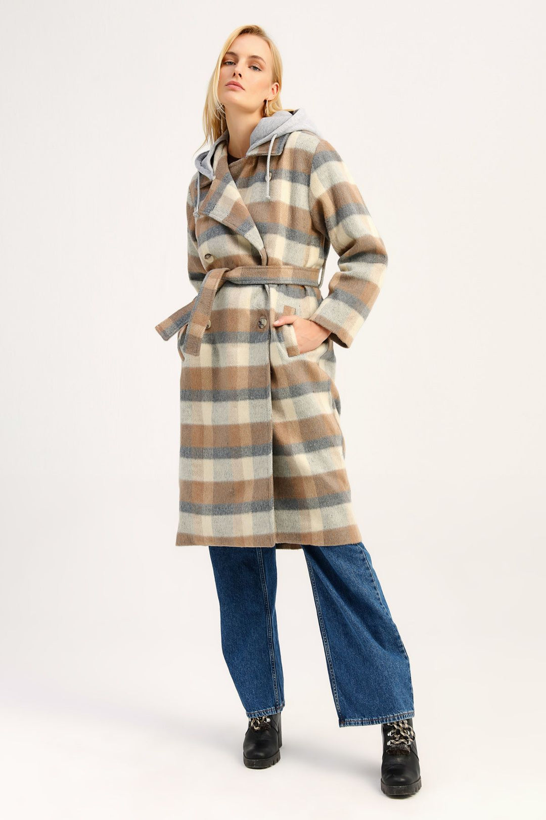 Plaid Hooded Cachet Coat Beige