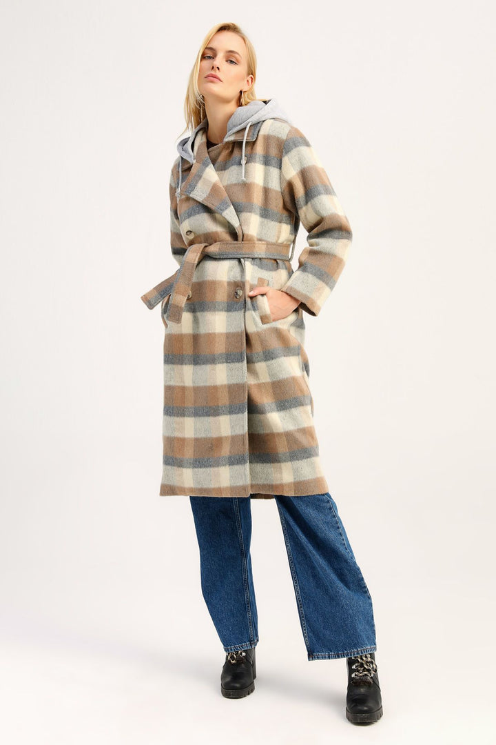 Plaid Hooded Cachet Coat Beige