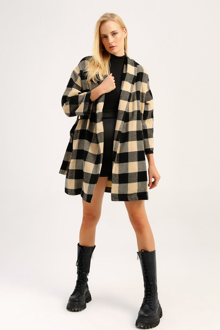 Ekose Uzun Ceket Siyah