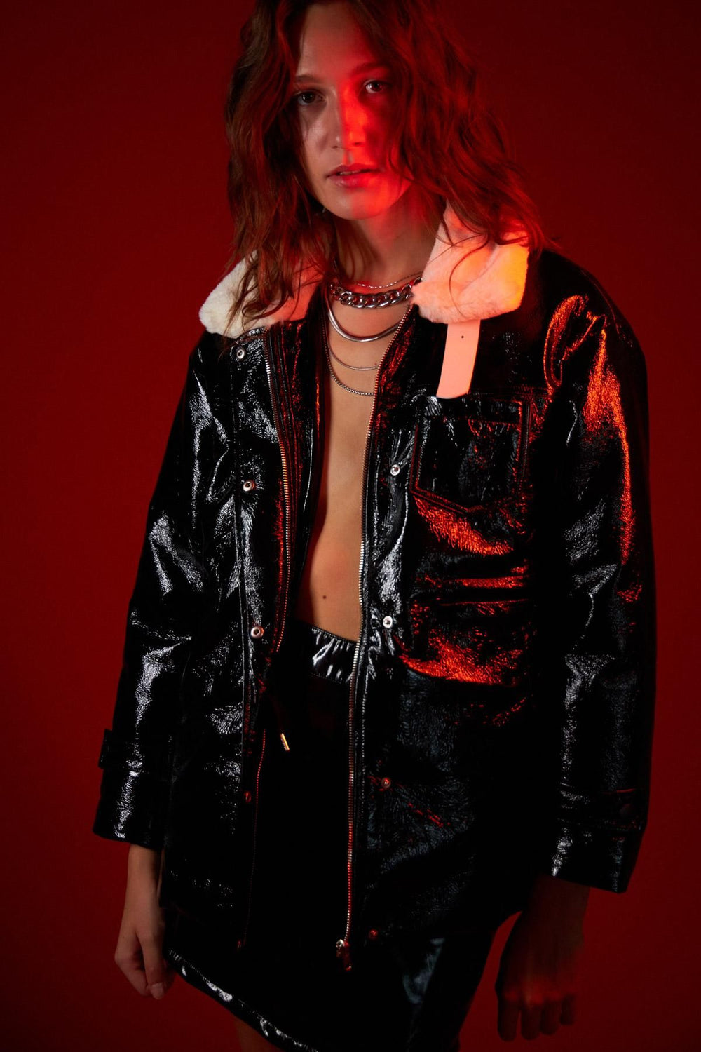 Fur Detailed Patent Leather Coat Black