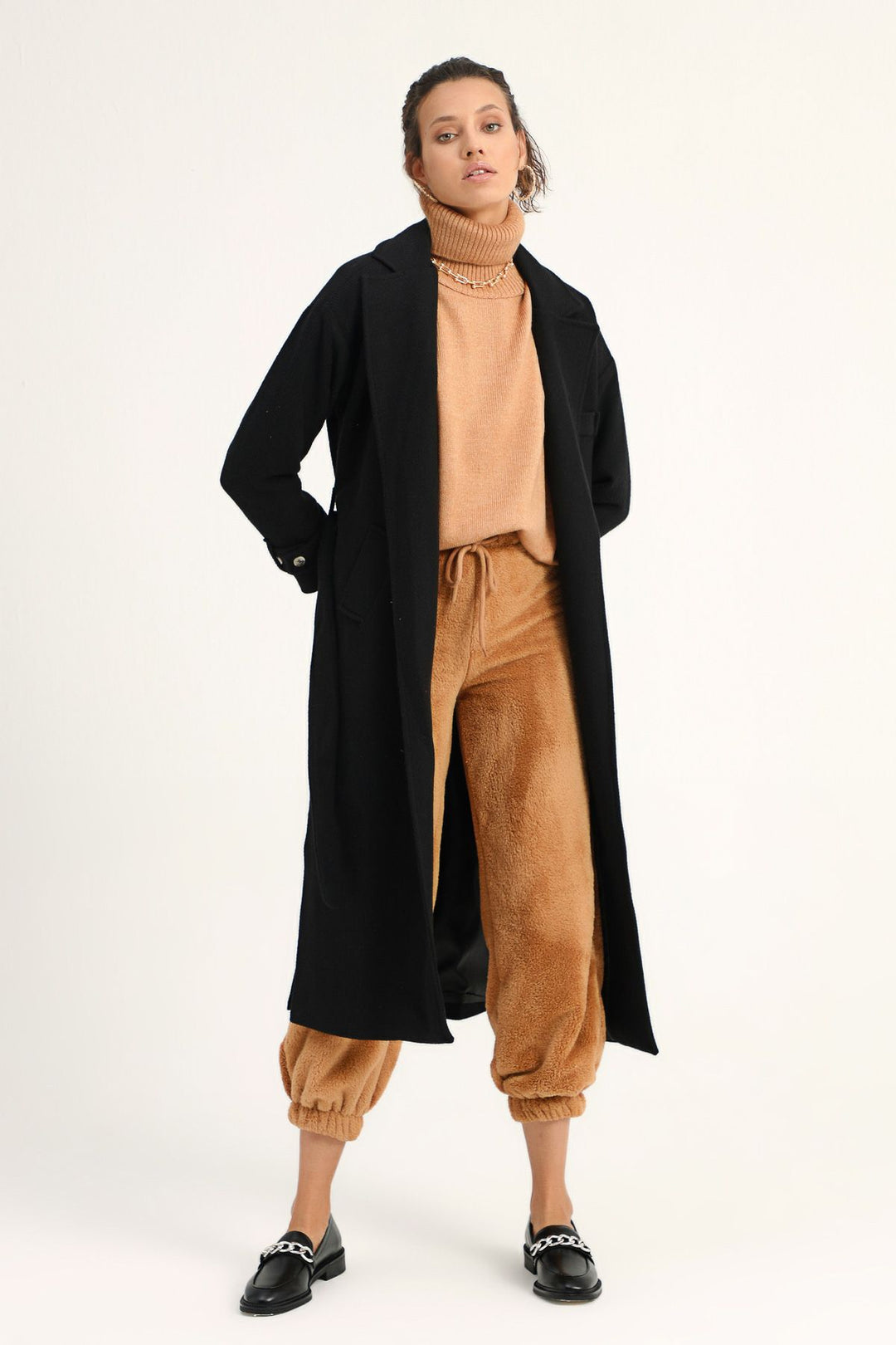 Waist Belted Long Coat Black