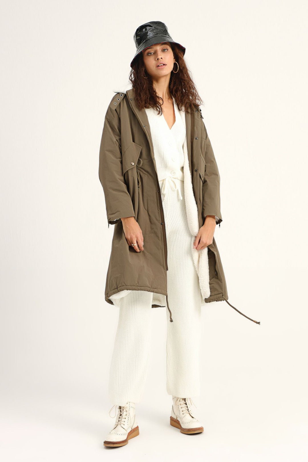 Sheepskin Oversize Long Coat Khaki
