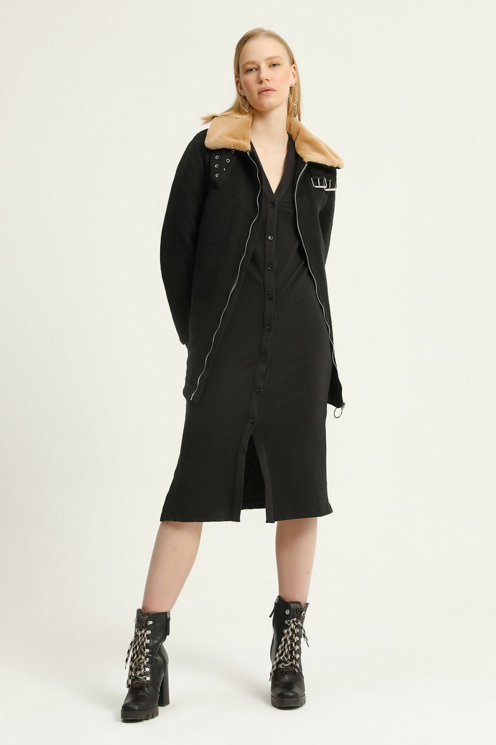 Furry Collar Zippered Coat Black