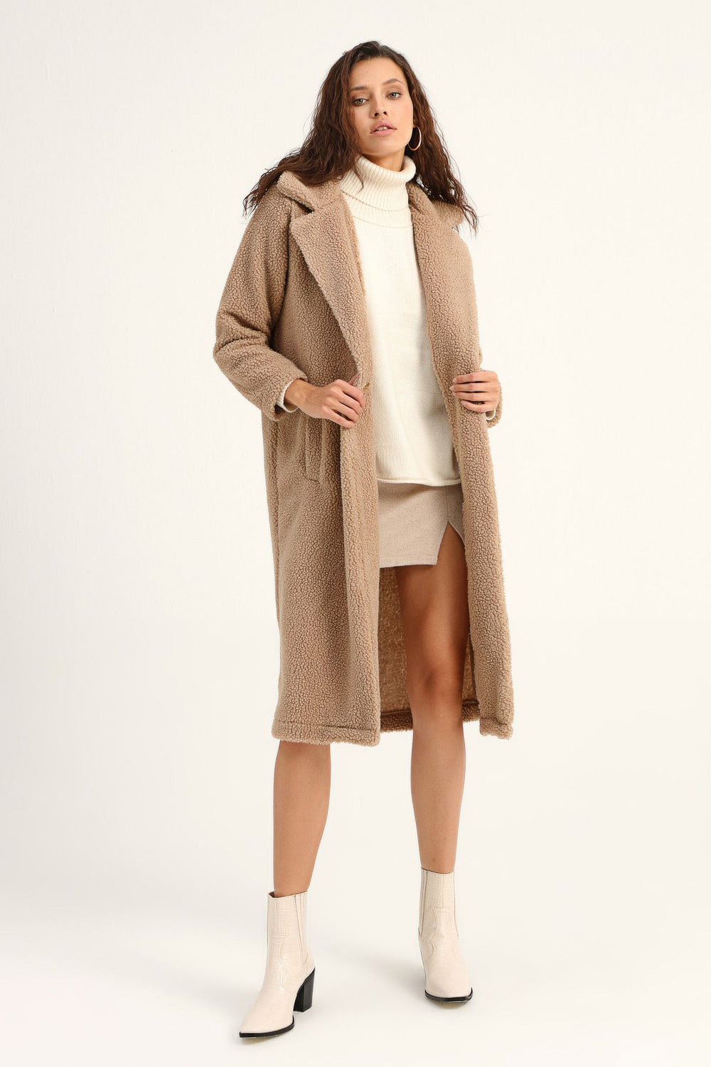 Plush Single Button Coat Beige