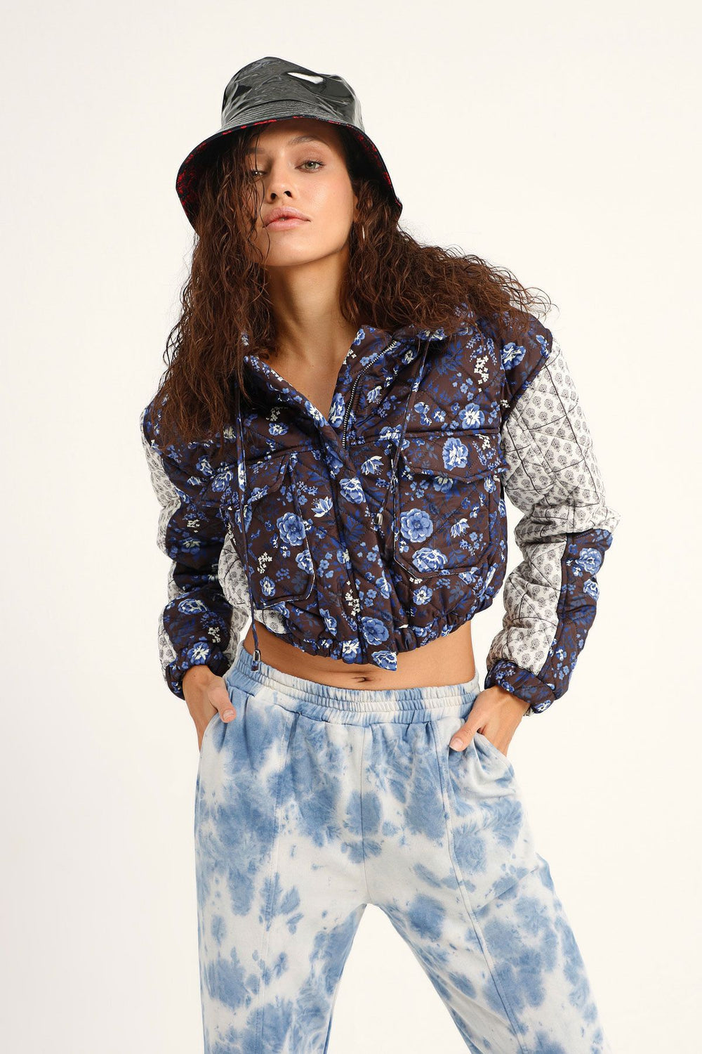 Patterned Hooded Bomber Coat Navy Blue