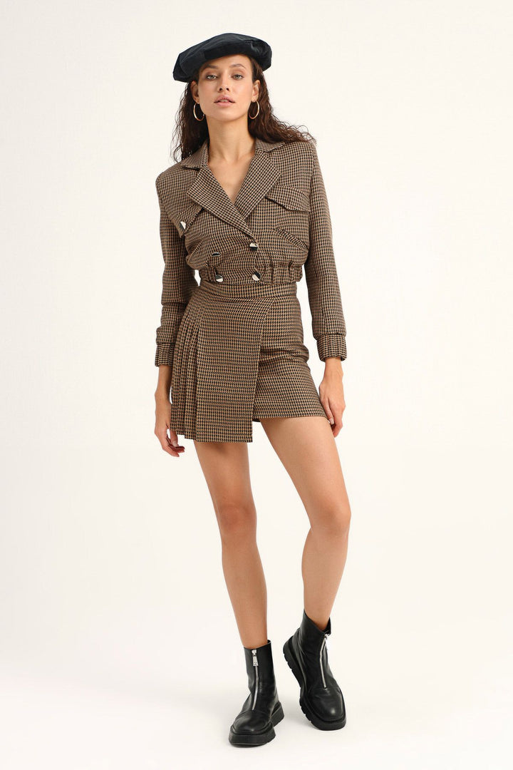 Çizgili Kruvaze Crop Ceket Kahverengi