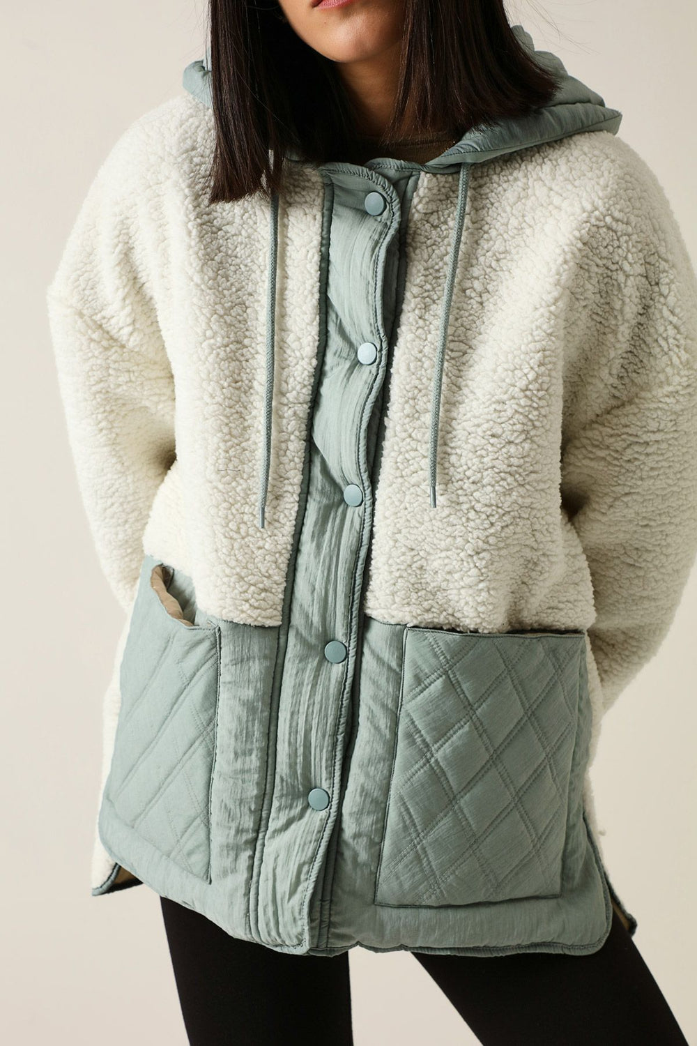 Hooded Plush Detailed Coat Ecru