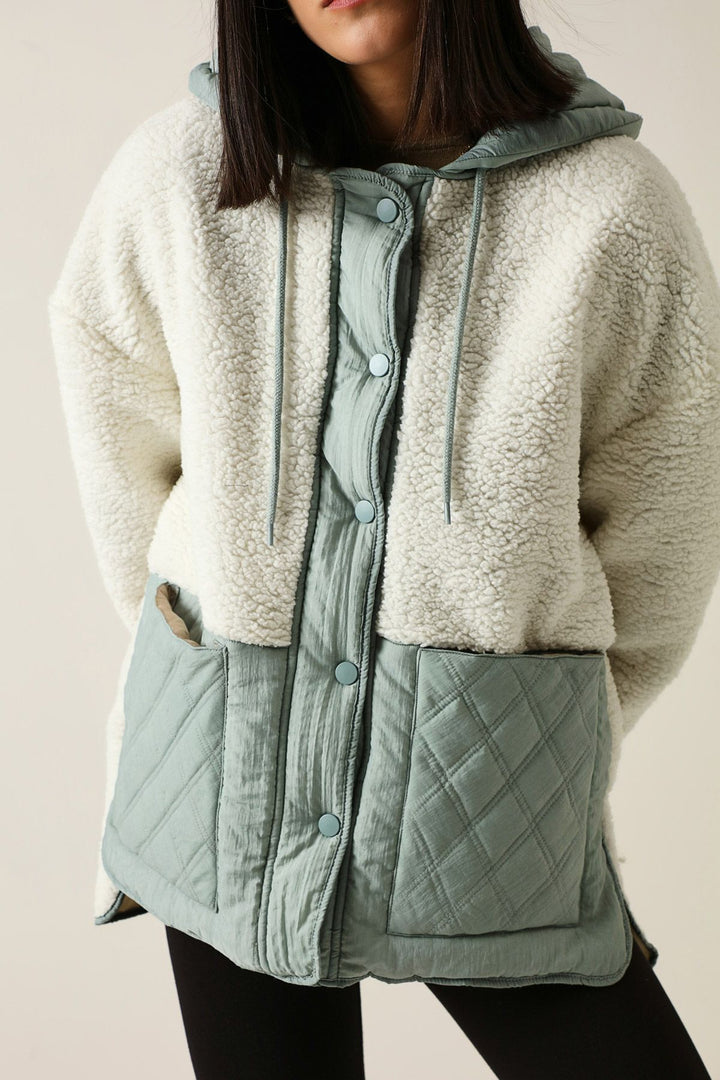 Hooded Plush Detailed Coat Ecru