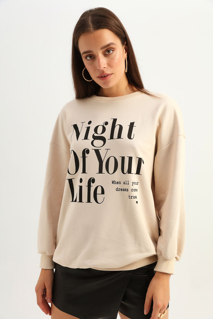 Yazı Baskılı Sweatshirt Bej