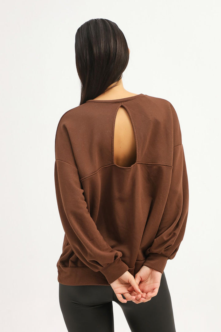Sırt Dekolteli Oversize Sweatshirt Koyu Kahve