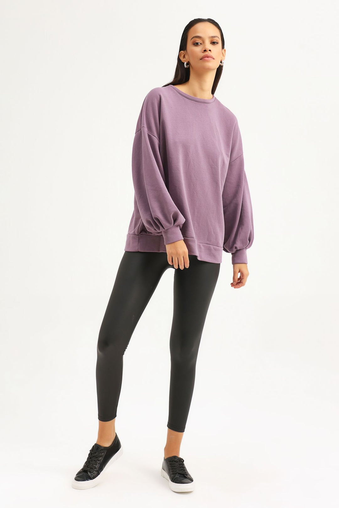Sırt Dekolteli Oversize Sweatshirt Koyu Lila