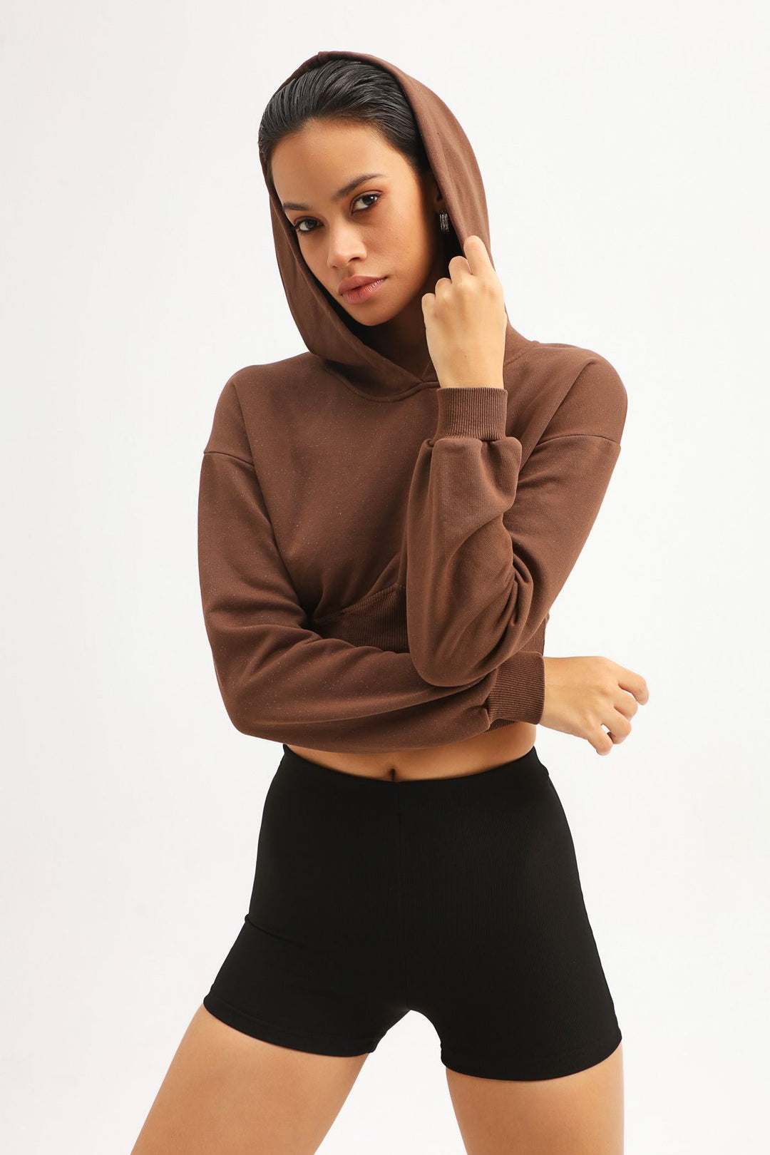 Kapüşonlu Crop Sweatshirt Koyu Kahve