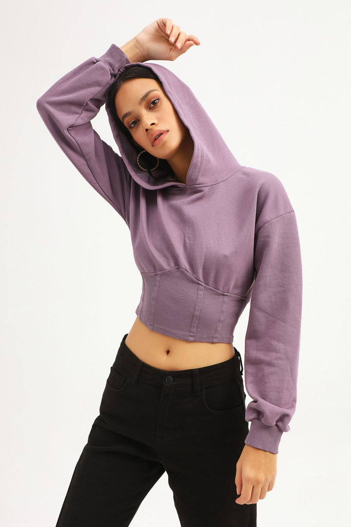 Kapüşonlu Crop Sweatshirt Koyu Lila