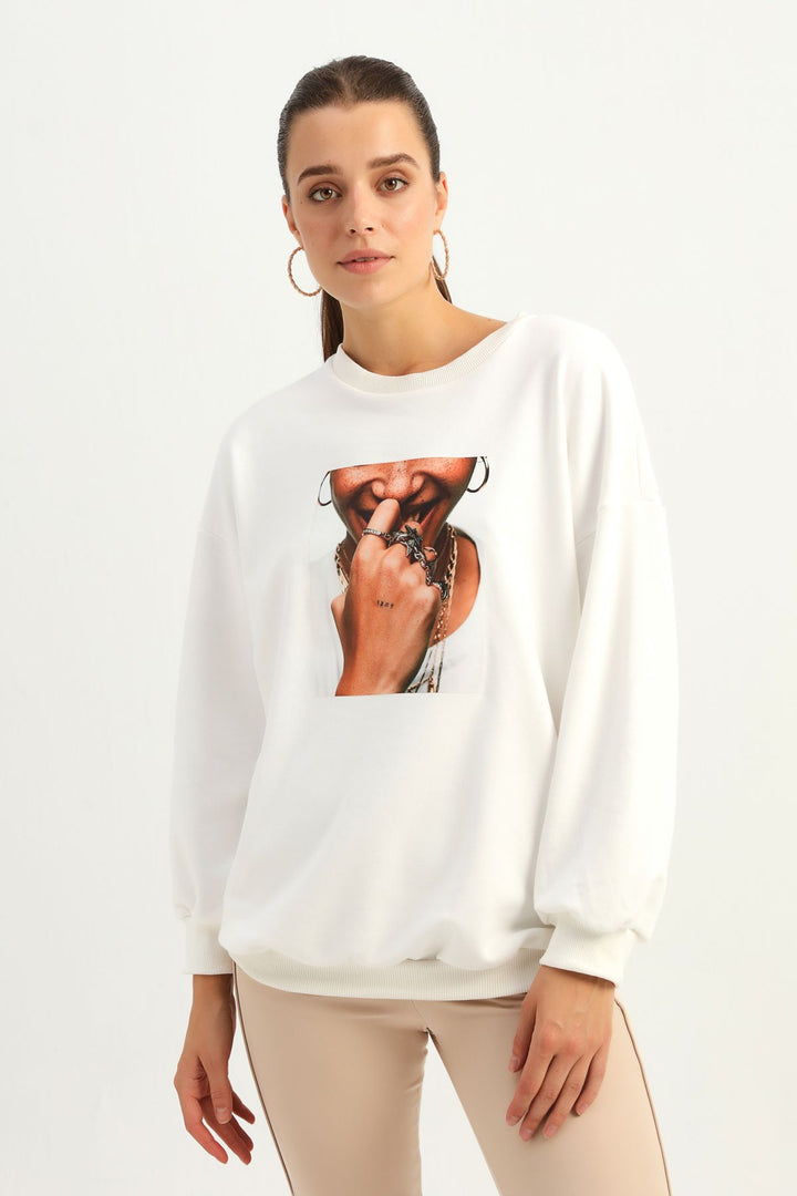 Printed Long Sweatshirt Ecru