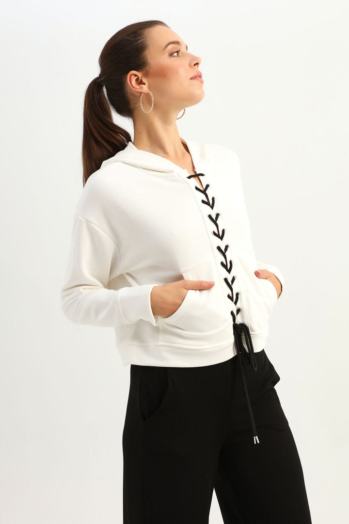 Bağcıklı Kapüşonlu Sweatshirt Ekru