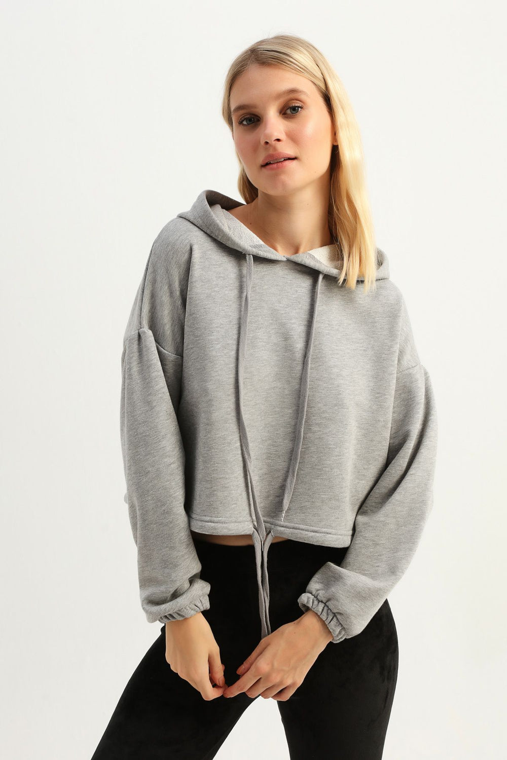 Gathered Waist Crop Sweatshirt Gray