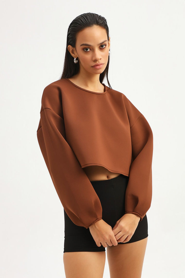 Dalgıç Kumaş Crop Sweatshirt Kahverengi