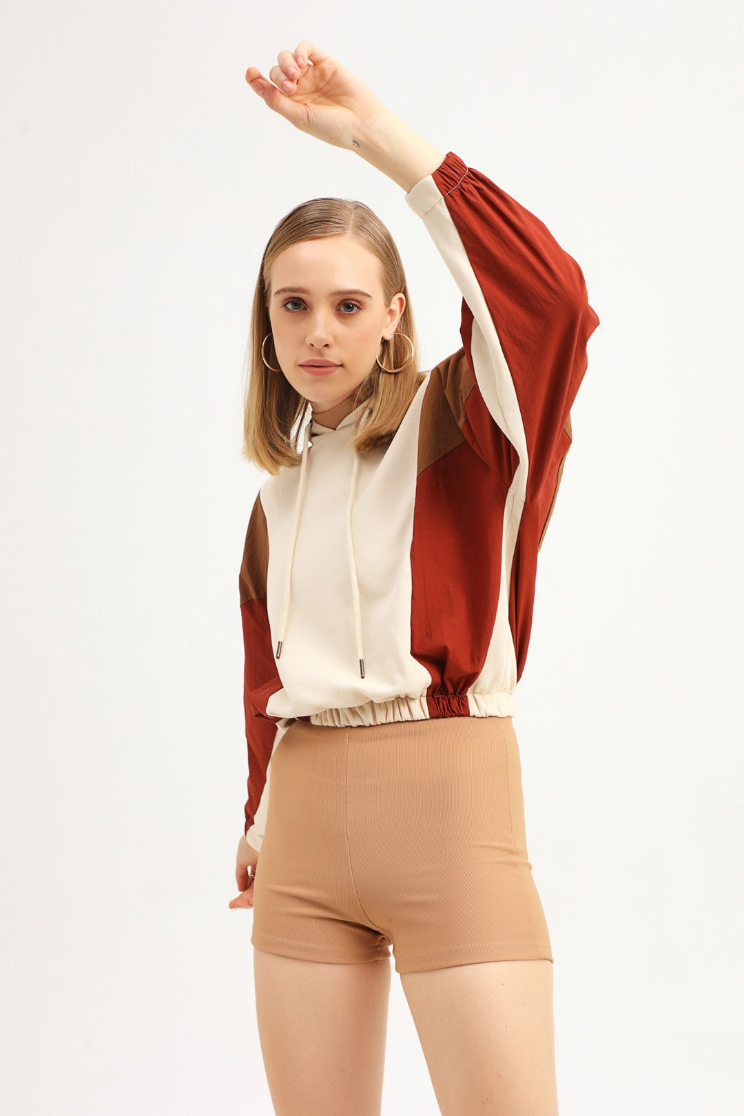 Bloklu Beli Lastikli Sweatshirt Bej