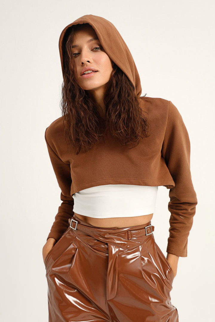 Hooded Crop Sweatshirt Brown