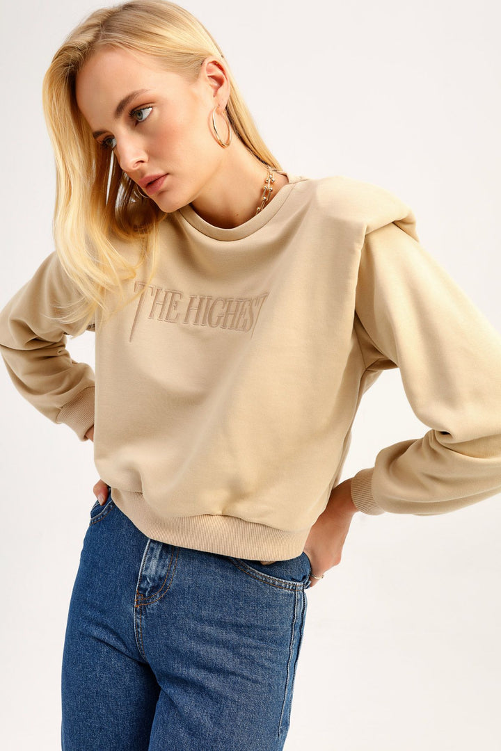 Padded Embroidered Sweatshirt Dark Beige