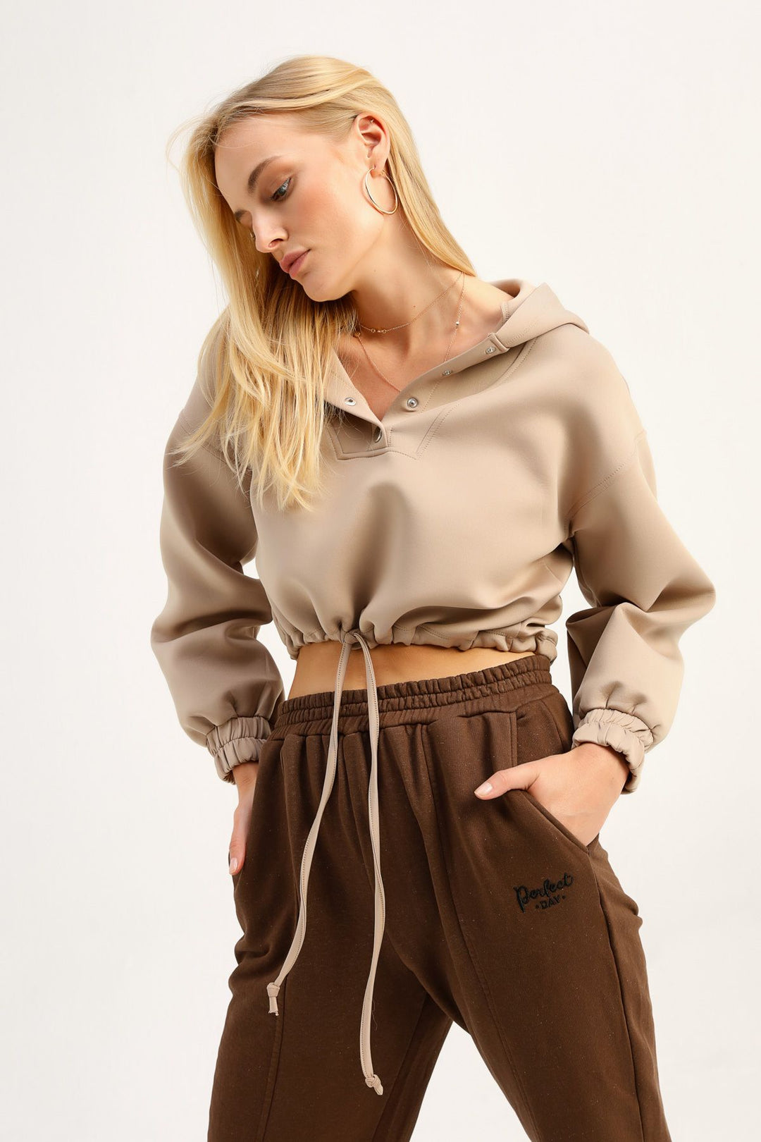 Dalgıç Kumaş Kapüşonlu Sweatshirt Vizon