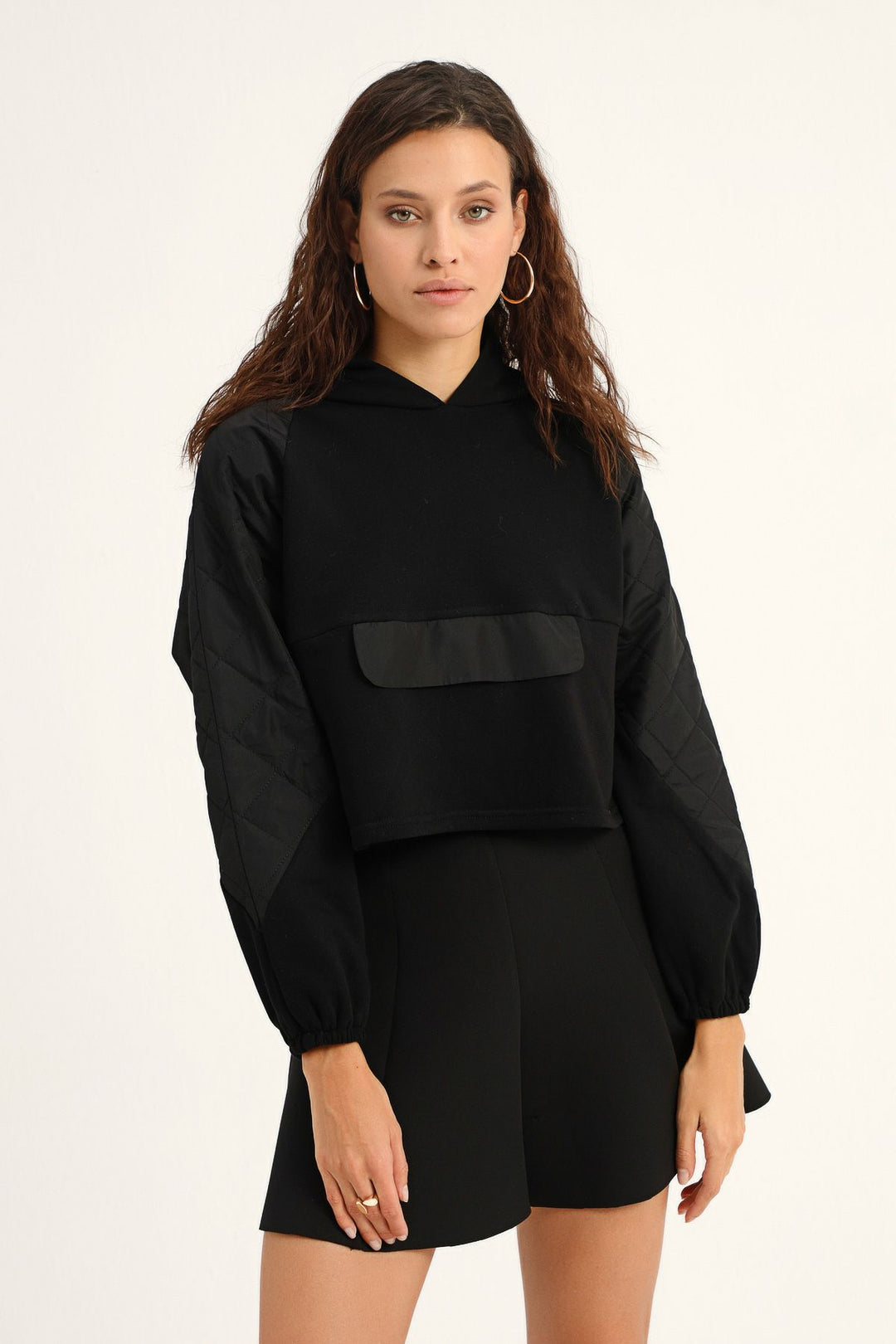 Kapitone Detay Sweatshirt Siyah