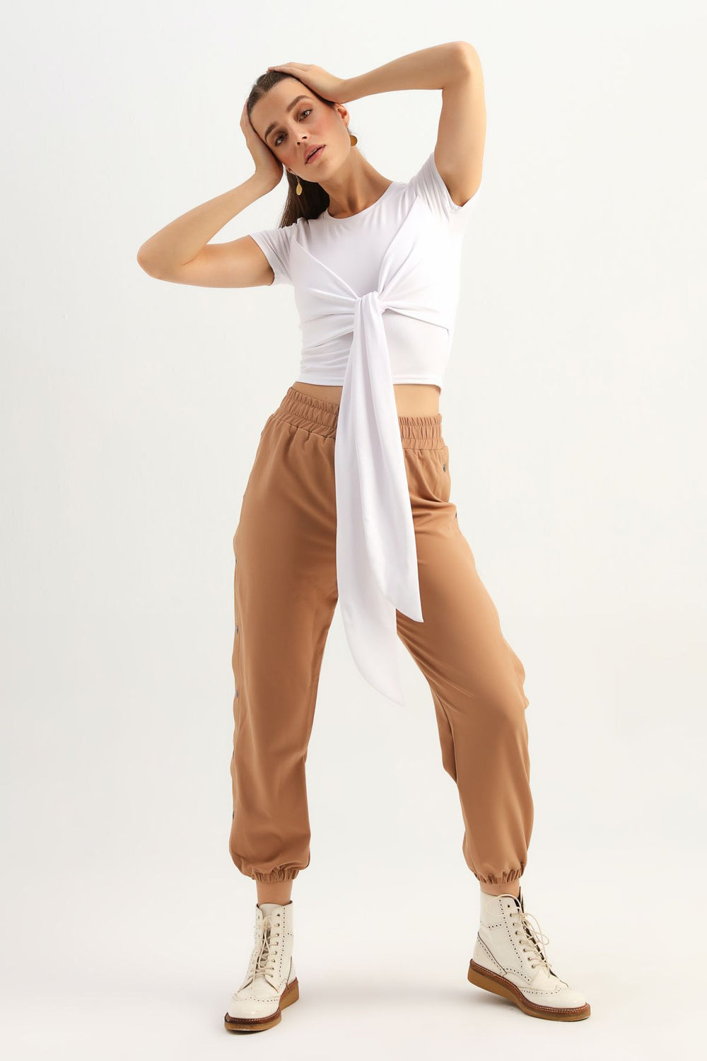 Çapraz Bağlamalı Spor Tişört Beyaz