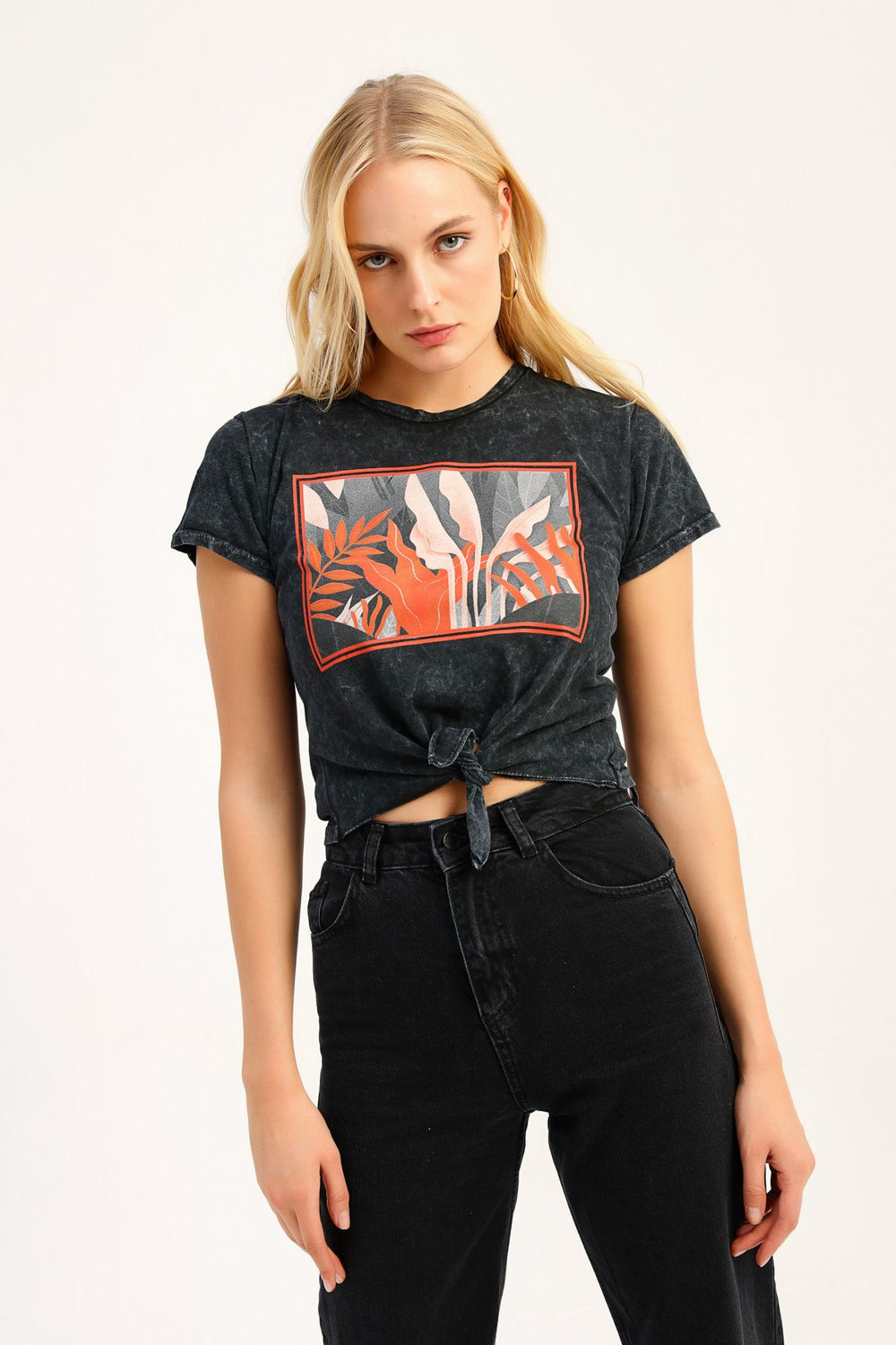 Baskılı Önü Bağlamalı Tişört Antrasit