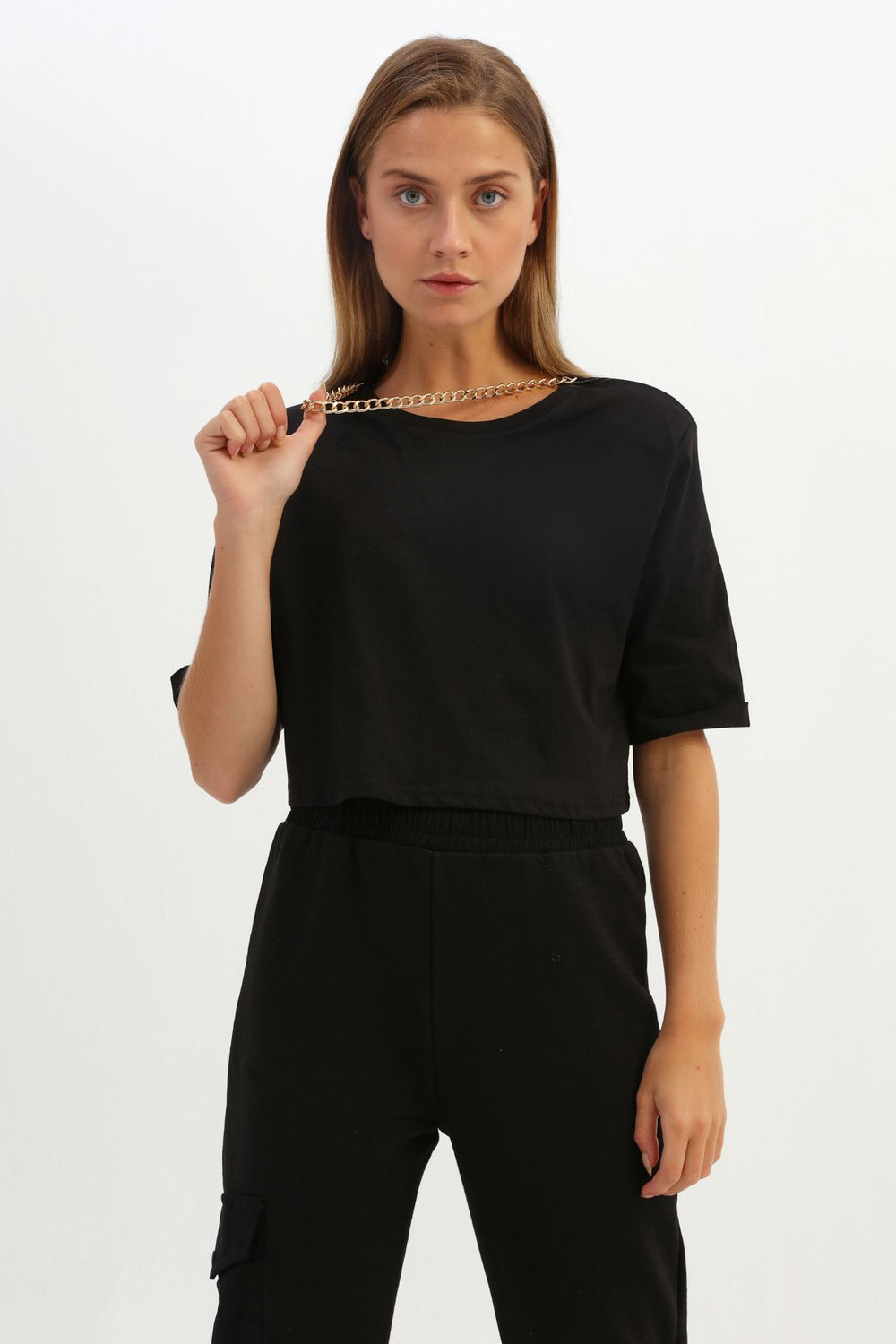 Waisted Chain Accessory Crop T-Shirt Black