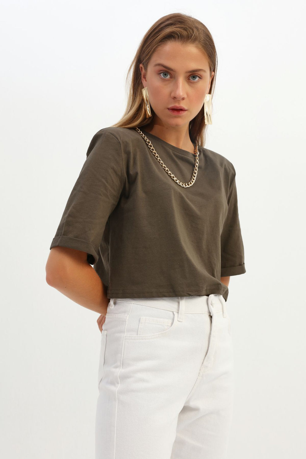 Waisted Chain Accessory Crop T-Shirt Khaki
