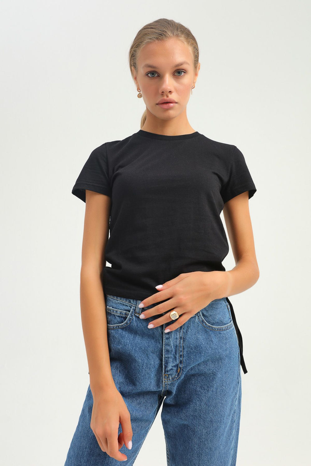 Yanları Büzgülü Basic Tişört Siyah