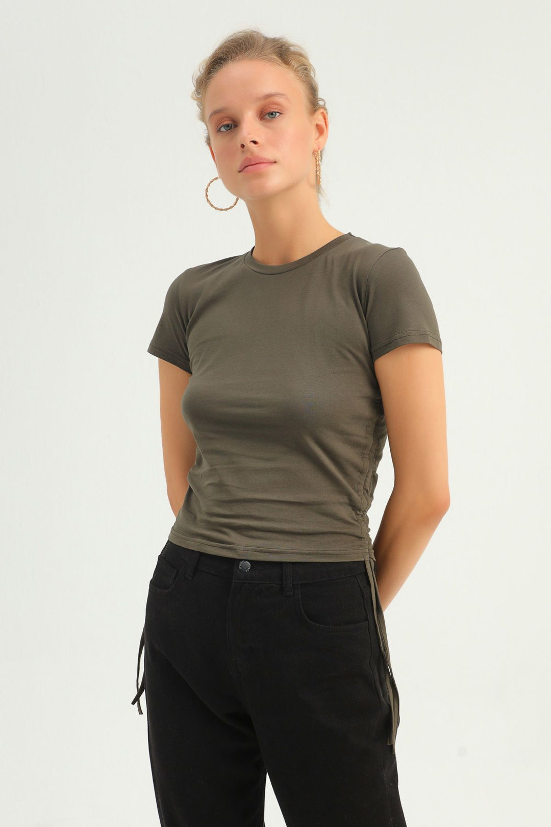 Yanları Büzgülü Basic Tişört Haki