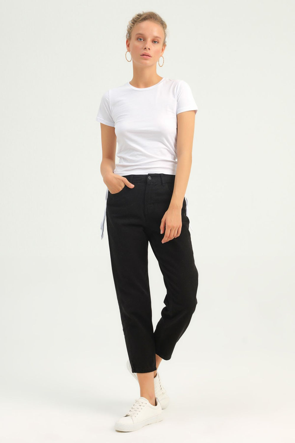 Yanları Büzgülü Basic Tişört Beyaz