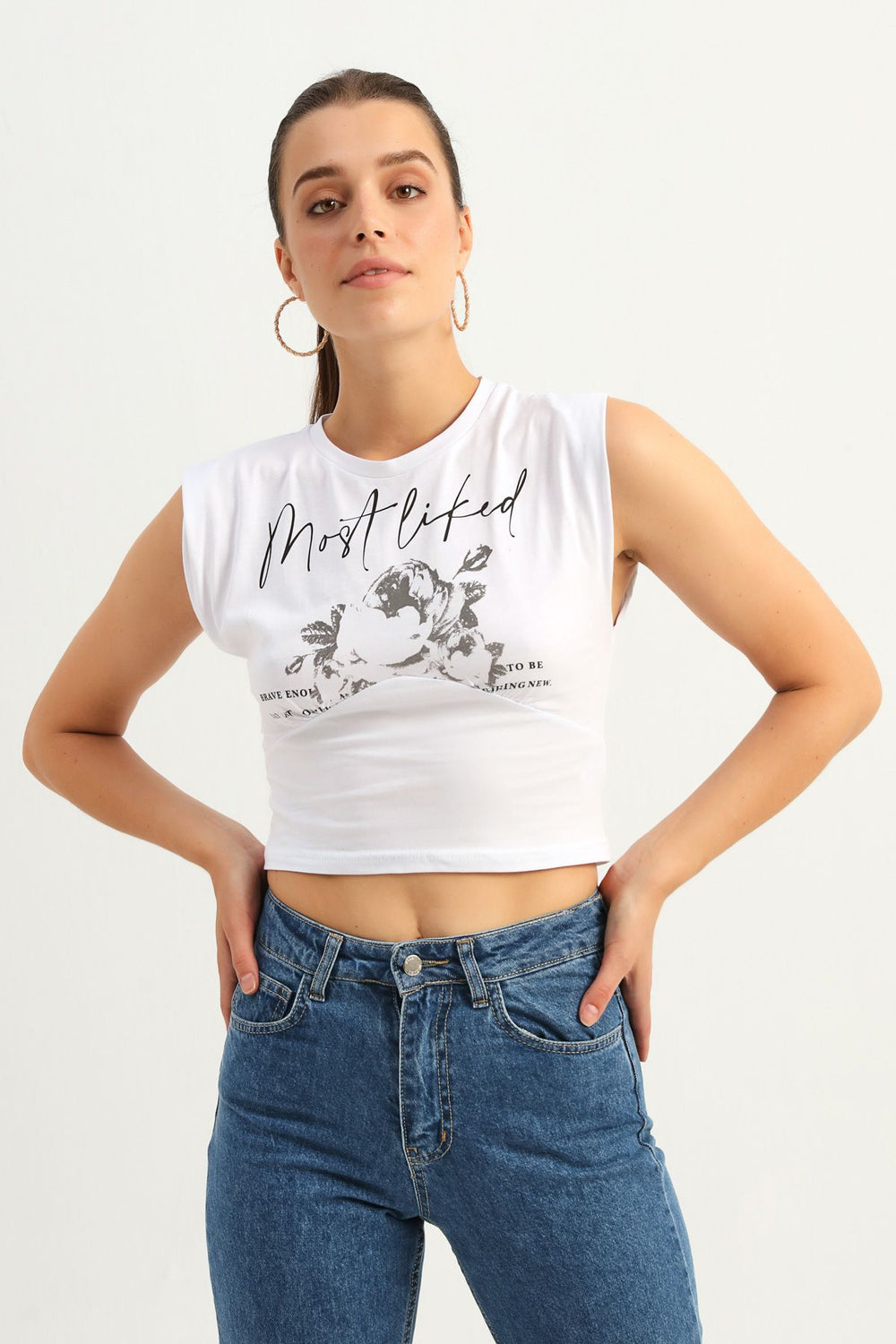 Baskılı Kolsuz Crop Tişört Beyaz