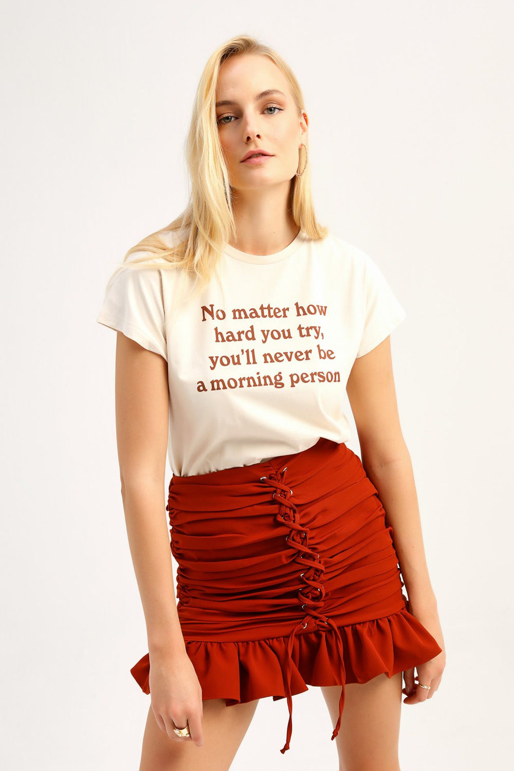 Yazı Baskılı Tişört Açık Bej