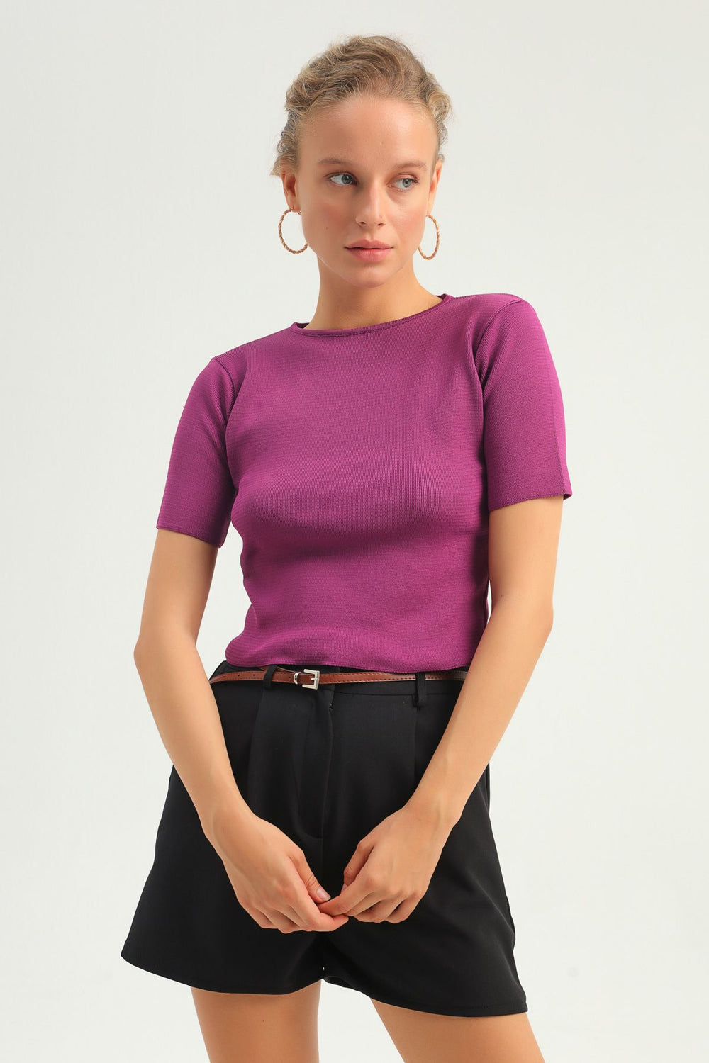 Short Sleeve Crop Knitwear Plum