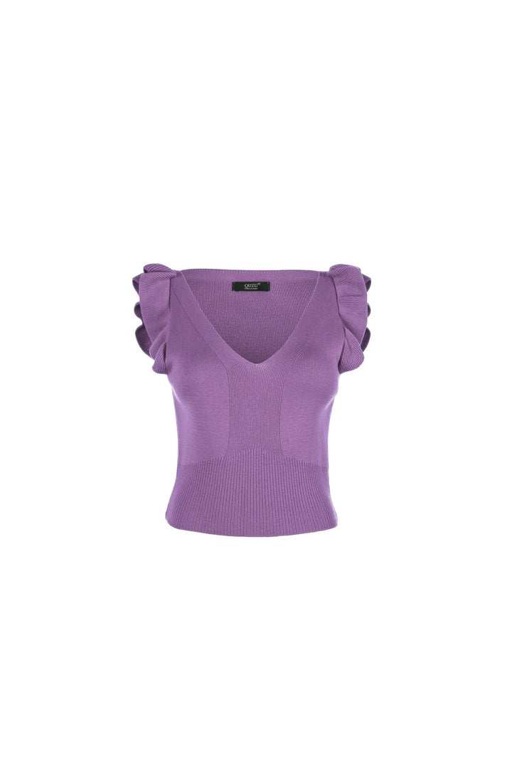 Ruffled Sleeves V Neck Knitwear Lilac