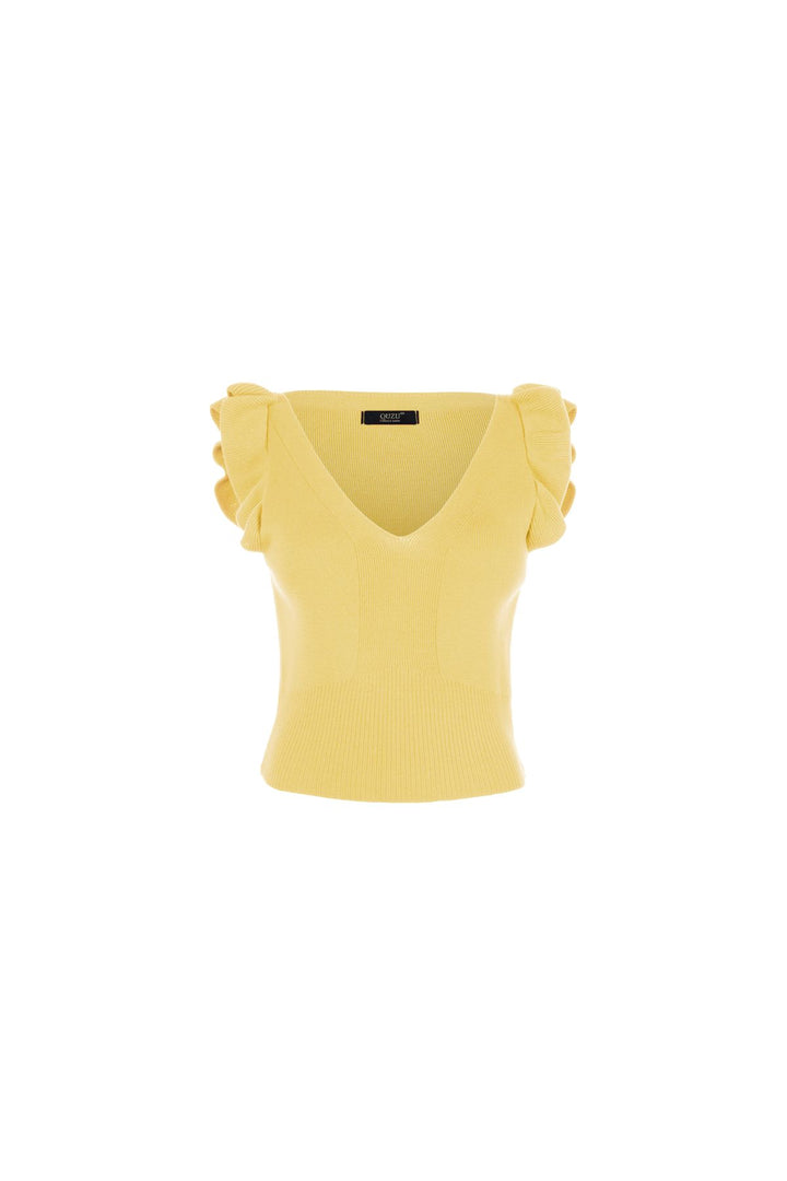 Ruffled Sleeves V Neck Knitwear Yellow