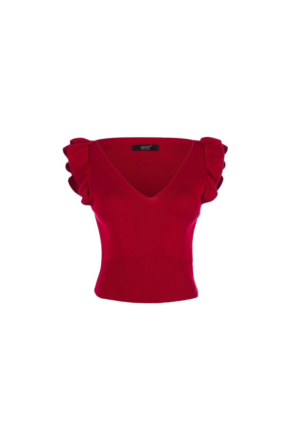 Ruffled Sleeves V Neck Knitwear Red