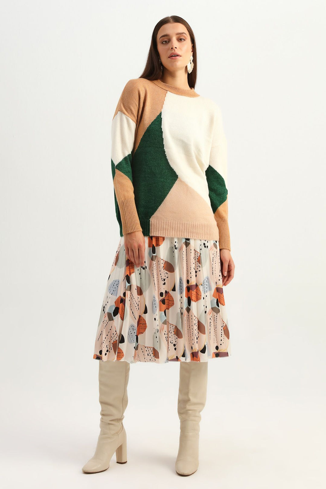 Patterned Crew Neck Sweater Brown