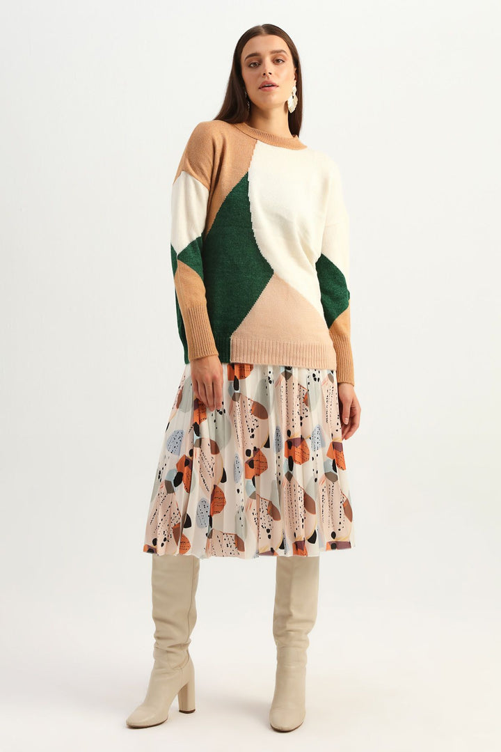 Patterned Crew Neck Sweater Brown