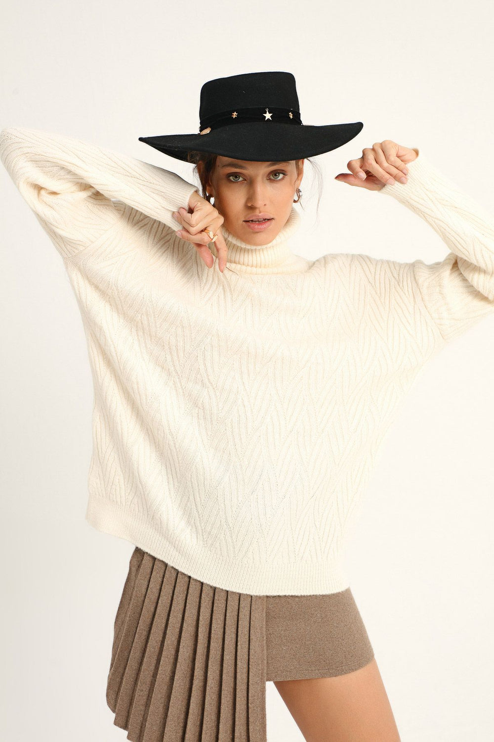 Patterned Turtleneck Sweater Ecru